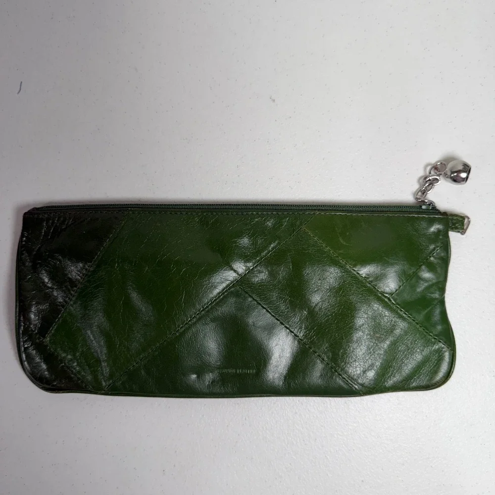Boho Green Genuine Leather Patchwork Zip Clutch Wallet Slim Bell Charm